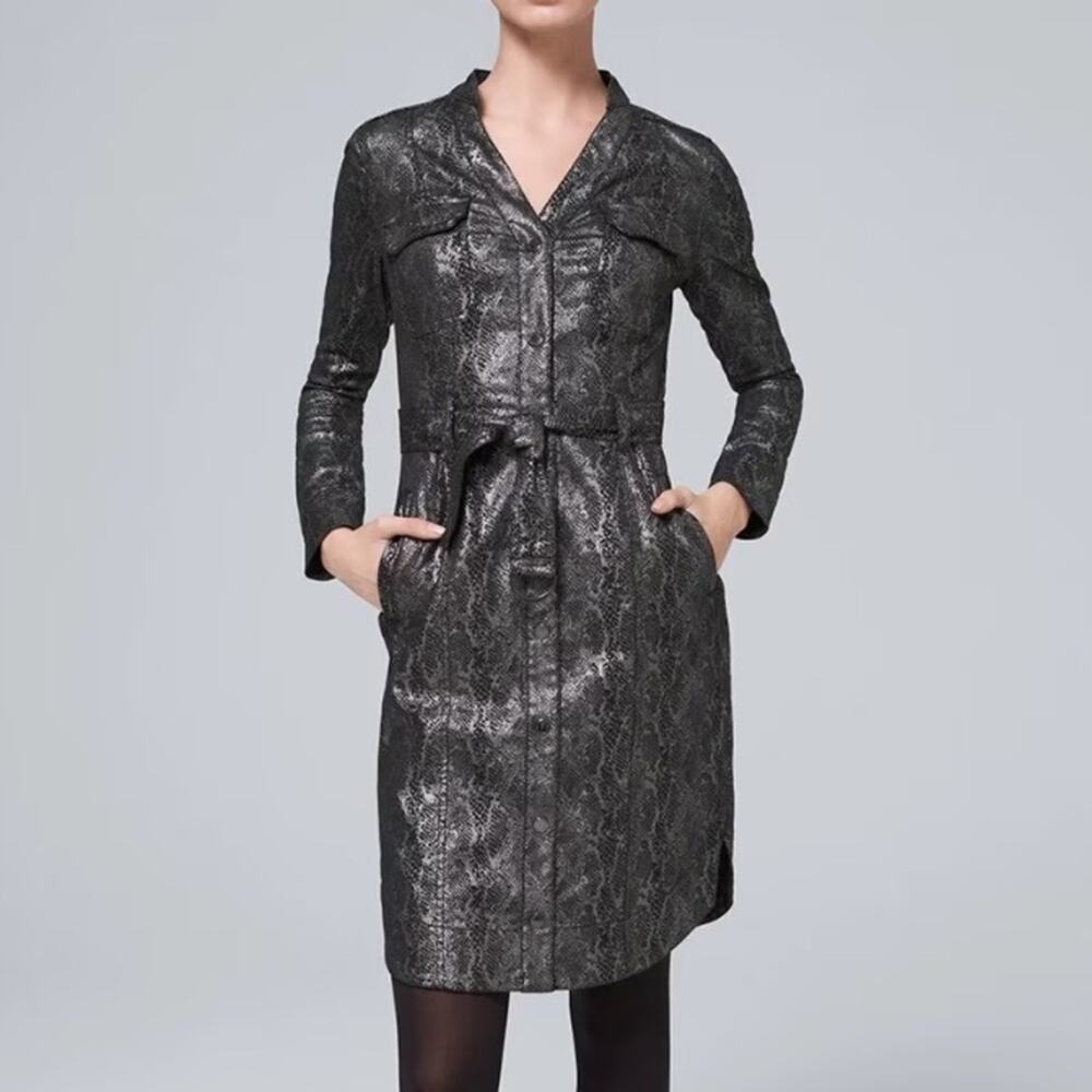 White House Black Market Snake Animal Metallic Silver Foil Shirt Dress 14